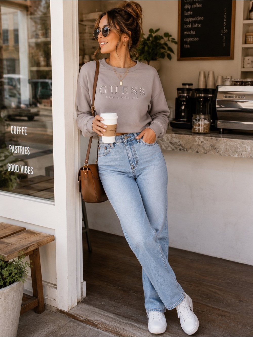 GUESS Los Angeles Cropped Sweatshirt Beige Crewneck Logo Pullover Casual
